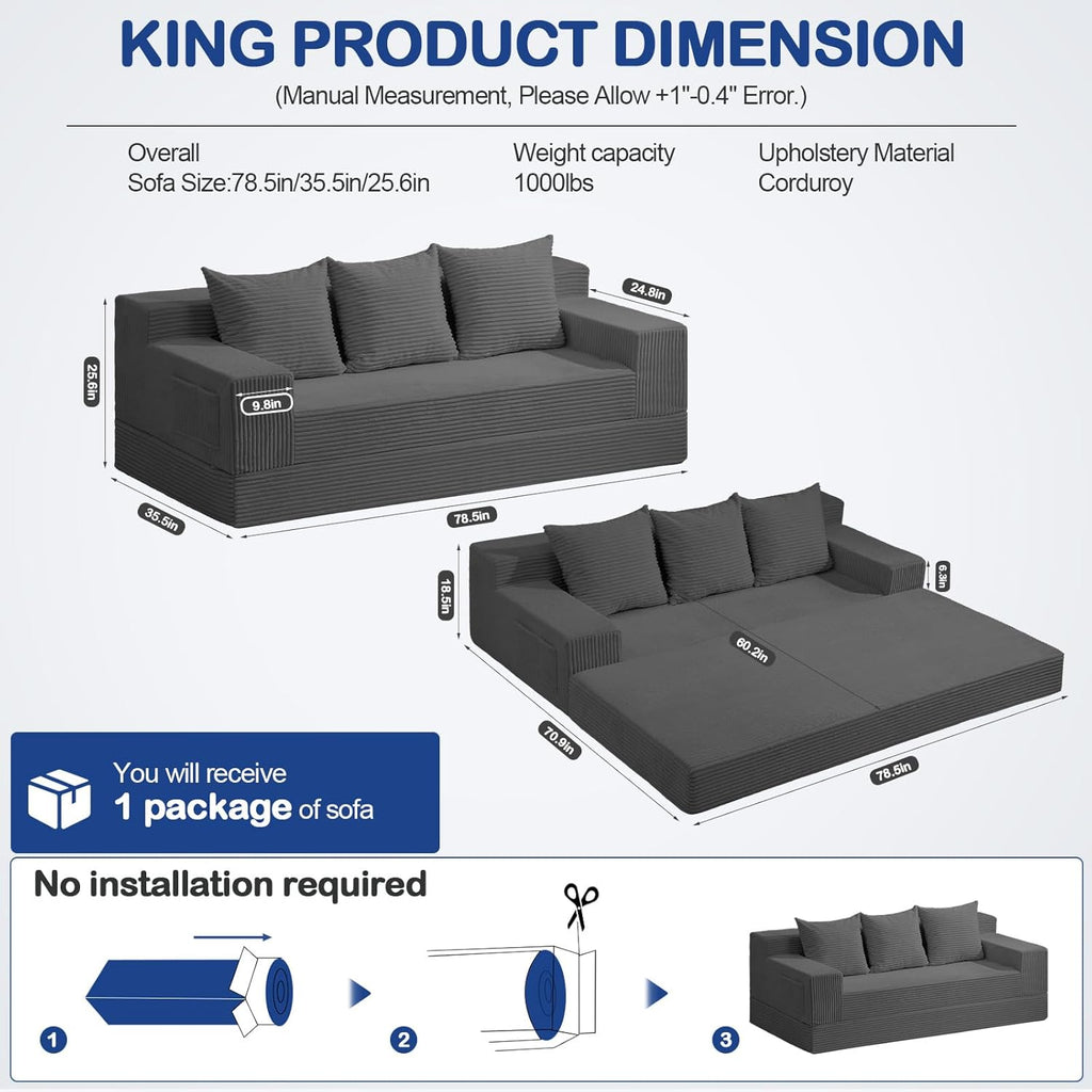 2 in 1 Convertible Boneless Couch Bed, Corduroy futon Sofa Bed, Compression Folding Floor Couch Sofas Bed with 3 Pillows for Bedroom, Small Space Guest and Living Room Sofa (Grey, 78 Inches)