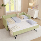 KEIKI Twin Size Upholstery Daybed with Trundle and USB, Twin to King Design Adorable Wave Shaped Extendable Linen Sofa Bed, Easy Assembly, No Box Spring Required, for Living Room and Bedroom, Green