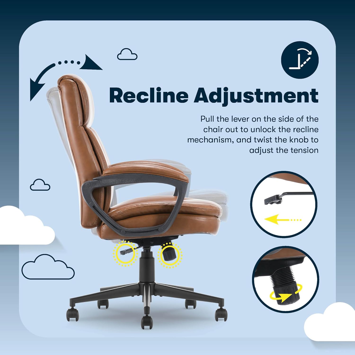 Serta Comfort Ergo Executive Office Chair, Ergonomic Mid-Back Design with Lumbar Support, Semi-Plush Double-Layer Seat Cushion, Padded Armrests, Swivel Metal Base, Bonded Leather, Cognac