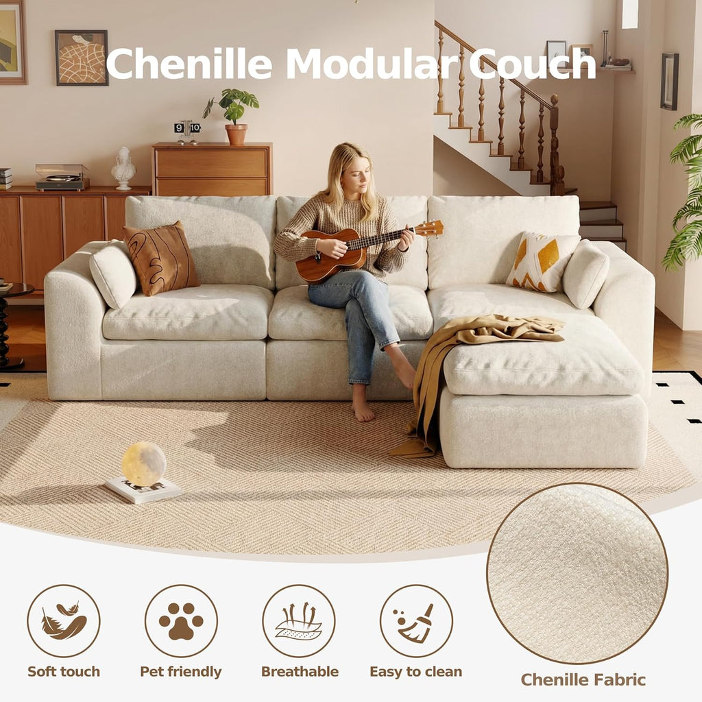 108'' Boneless Cloud couches for Livingroom,Sectional L-Shape Couch with Ottoman,3 Seater Convertible Modular Soft Sofa,White