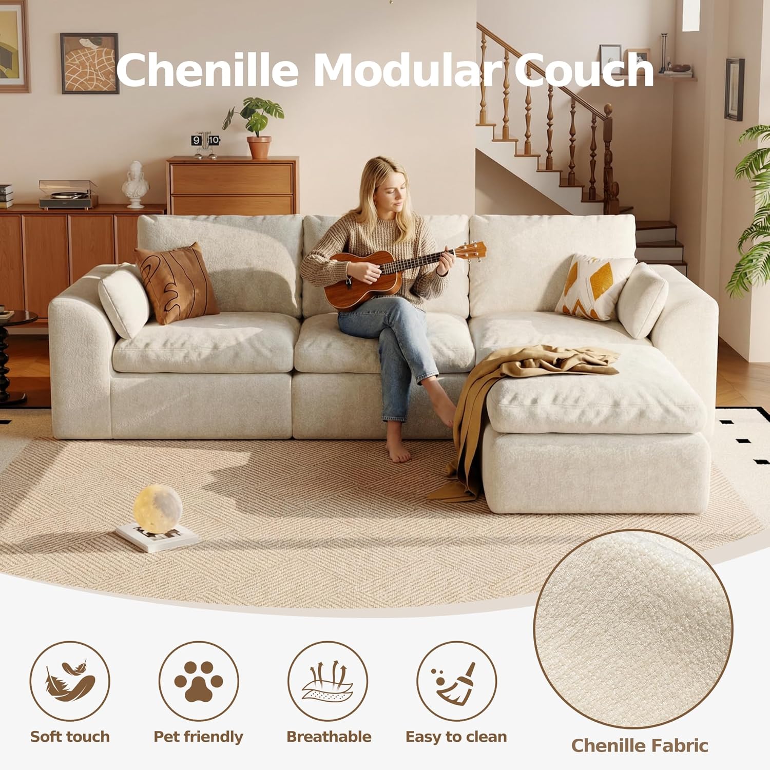 108'' Boneless Cloud couches for Livingroom,Sectional L-Shape Couch with Ottoman,3 Seater Convertible Modular Soft Sofa,White