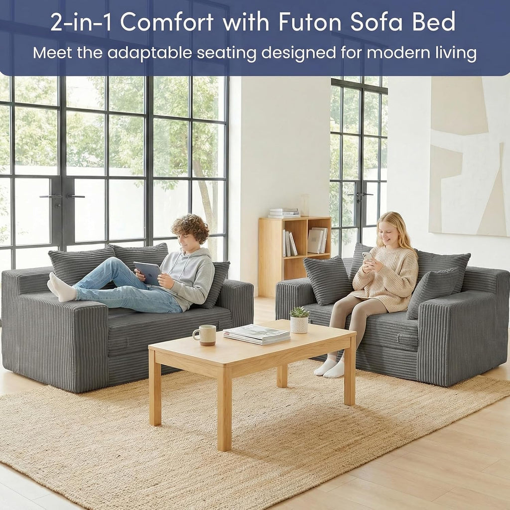 Boneless Couch Loveseat Sleeper, Convertible Sofa Bed Folding Couch Bed Foldable, 2 in 1 Boneless Chair Bed & Futon Sofa Bed, Small Pull Out Sofa with 4 Pillows for Living Room, Grey | No Assembly, Convertible, 2 in 1, Pull Out Handle, 4 Pillows