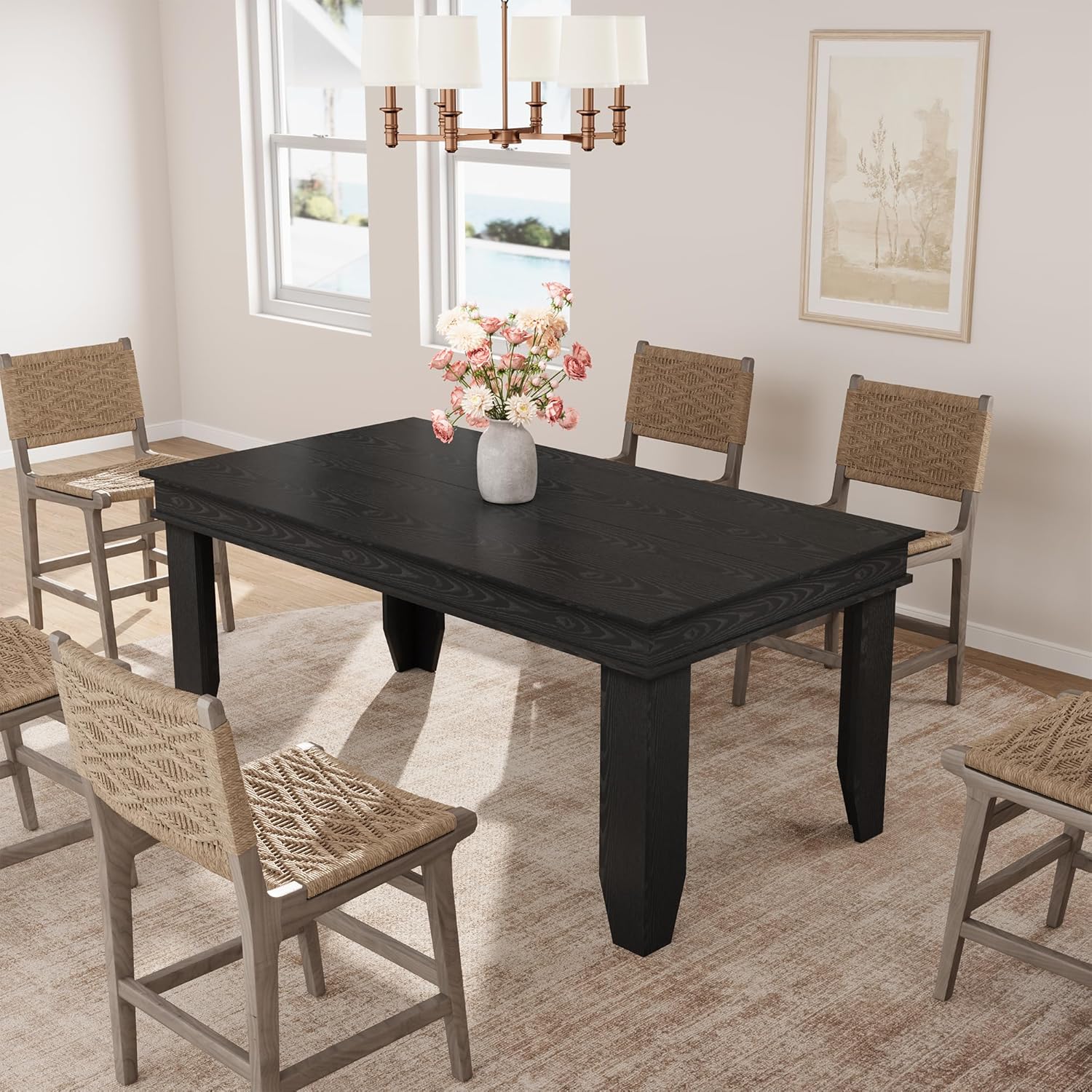 GarveeHome Farmhouse Dining Table for 6-8 People, 71 in Long Kitchen Tables with Wooden Sturdy Frame, 6 ft Large Rectangular Dinner Table for Dining Room, Kitchen, Black, 63" Non-extendable