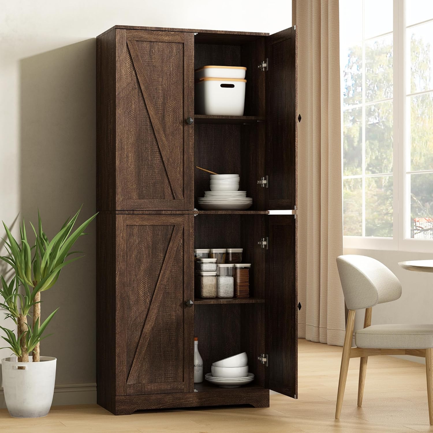 Kitchen Pantry Cabinet, 72” Tall Farmhouse Storage Cabinet with 4 Barn Doors and Adjustable Shelves, Pantry Storage for Kitchen, Living Room, Brown