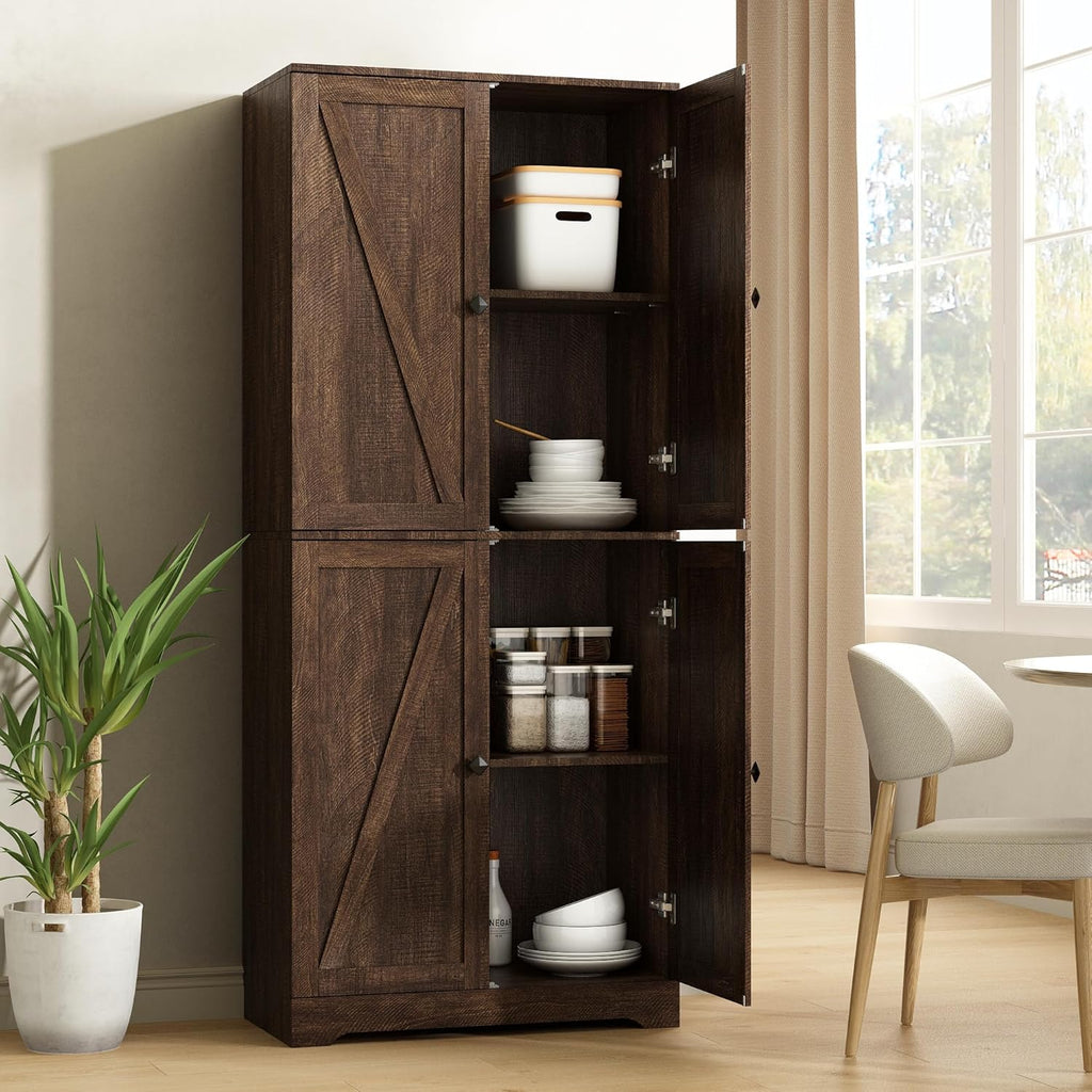 Kitchen Pantry Cabinet Set of 3, 72” Tall Farmhouse Storage Cabinet with 4 Barn Doors and Adjustable Shelves, Pantry Cabinet Versatile Storage for Kitchen, Living Room, Brown