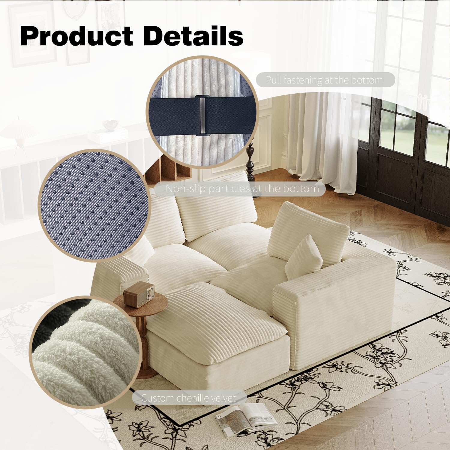 108" Plush Corduroy L Shaped Sectional Cloud Sofa Couch with Ottoman, Soft Deep Seat Modular Sectional Couches for Living Room,No Assembly. Beige