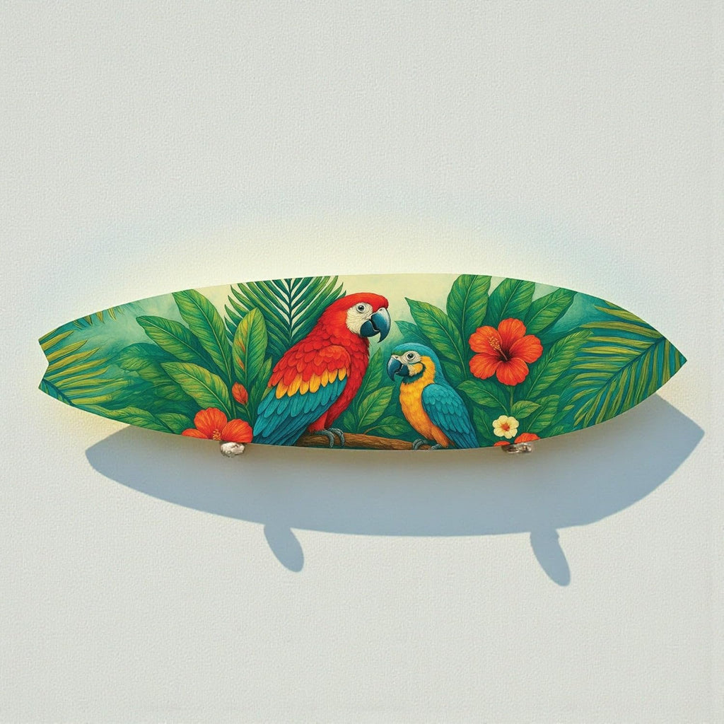 JennyGems Tropical Parrot Surfboard Decor, Indoor Outdoor Beach House and Tiki Bar Decoration with Hibiscus Flowers and Palm Leaves (3 Feet)