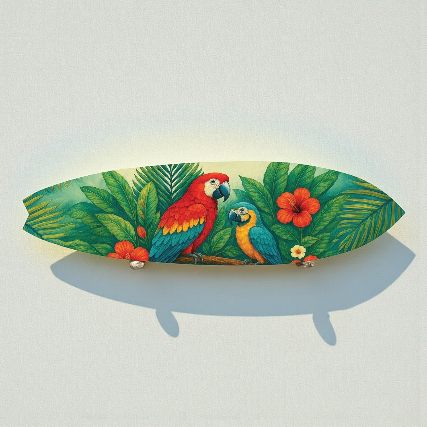 JennyGems Tropical Parrot Surfboard Decor, Indoor Outdoor Beach House and Tiki Bar Decoration with Hibiscus Flowers and Palm Leaves (3 Feet)