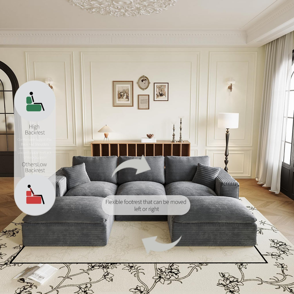 108" Plush Corduroy L Shaped Sectional Cloud Sofa Couch with Ottoman, Soft Deep Seat Modular Sectional Couches for Living Room,No Assembly. Grey