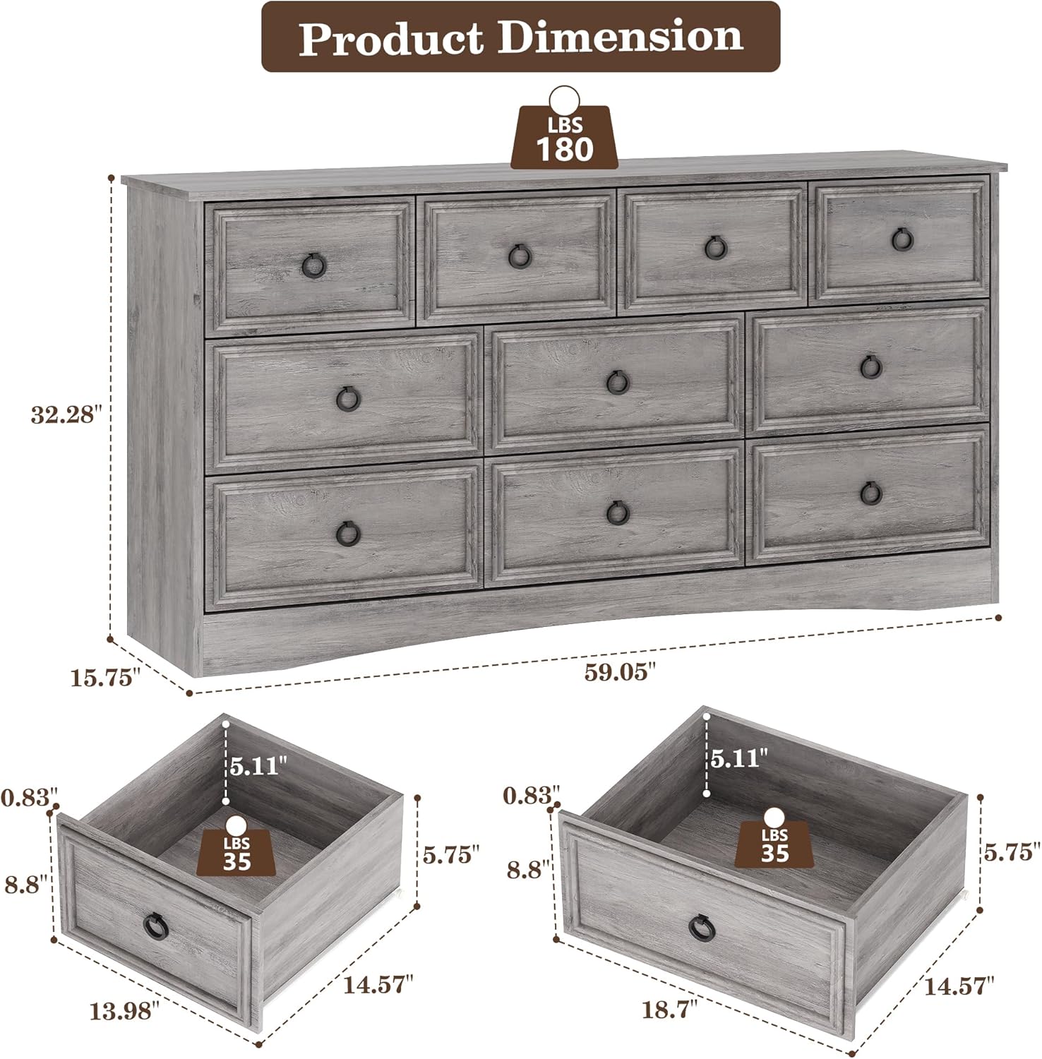 Grey 10 Drawer Dresser & TV Stand, 59" Large Dresser for Bedroom, Wooden Chests of Drawers, Rustic Storage Dressers Organizer for Bedroom, Hallway