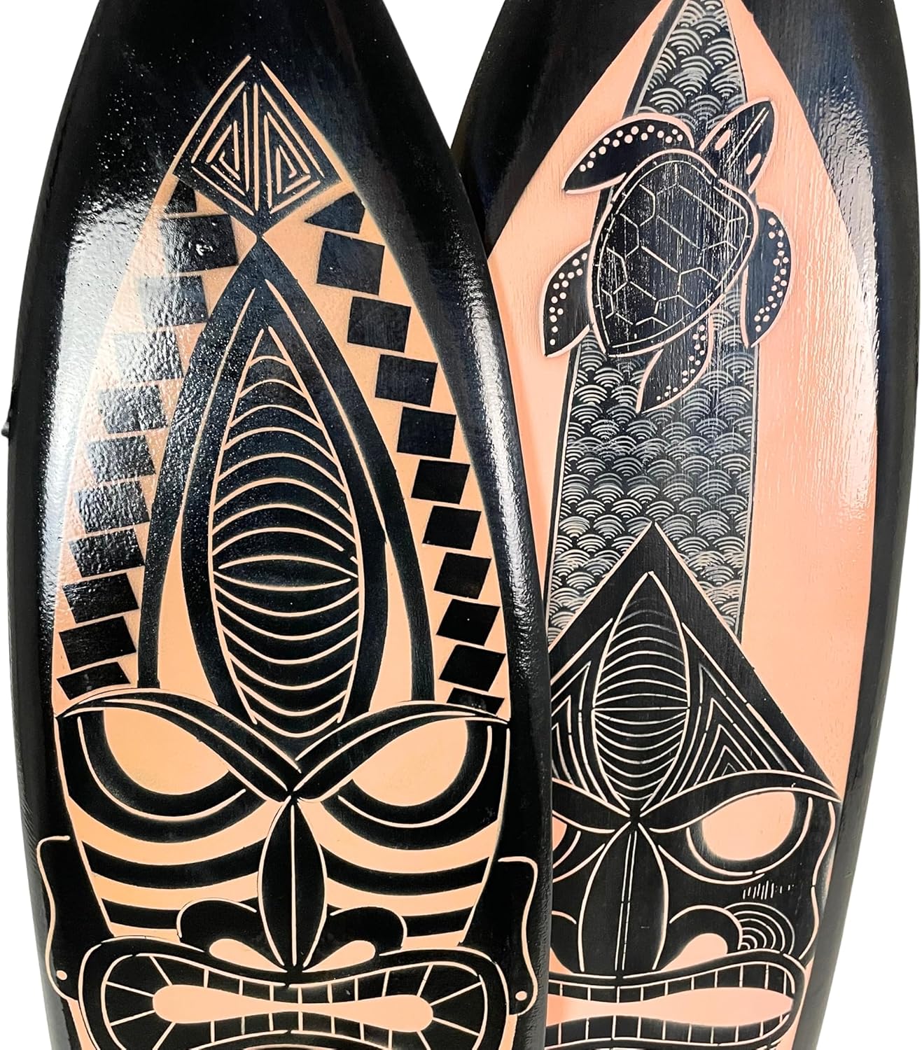 Things2Die4 Decorative Set of 2 Wall-Hanging Surfboards – Hand-Carved Wood with Tiki Mask Designs – Black with Natural Brown Accents – 39 inches Long – Tropical Island Inspired Wall Art