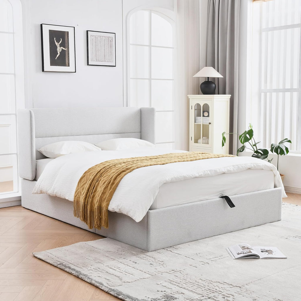 Queen Size Upholstered Platform Bed with Hydraulic, Bed Frame with Storage, Lift Up Storage Bed with Modern Linen Fabric Wingback, Wooden Slat, No Box Spring Needed, Easy Assembly, Off White