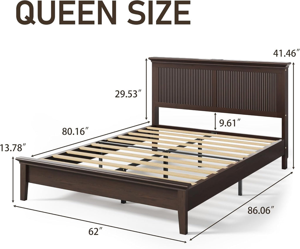 Lifezone Wood Queen Bed, Solid Wood Bed with Flutted Headboard, American Vintage Design, Slats Support, Noise-Free, Sturdy Structure, Easy Assembly, Walnut