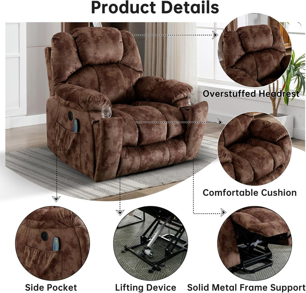 CANMOV Large Power Lift Recliner with Massage and Heat for Elderly, Heavy Duty Lift Recliner for Seniors with USB Port, 2 Hidden Cup Holders (Camel Brown)