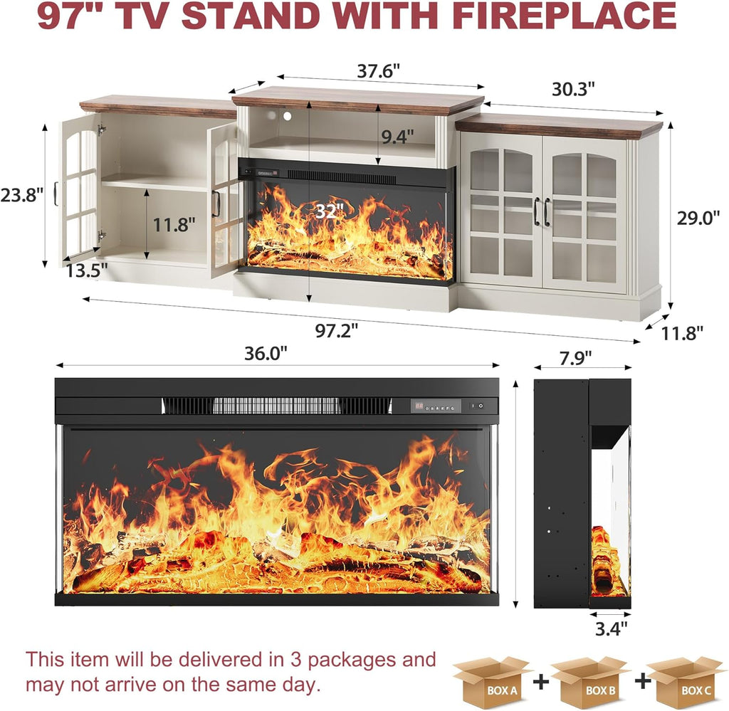 97" Fireplace TV Stand with 36" Electric Fireplace, Farmhouse Entertainment Center for TVs up to 100", Media Console Table with Large Storage Cabinets, for Living Room, White