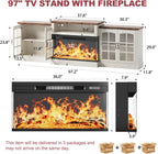 97" Fireplace TV Stand with 36" Electric Fireplace, Farmhouse Entertainment Center for TVs up to 100", Media Console Table with Large Storage Cabinets, for Living Room, White