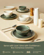 Pokini Stoneware Dinnerware Sets, Ceramic Plates and Bowls Set, Microwave & Dishwasher Safe Kitchen Dishes, Modern Dinner Salad Plates | Cereal Bowls, Dishware Sets Service for 4 Forest Green