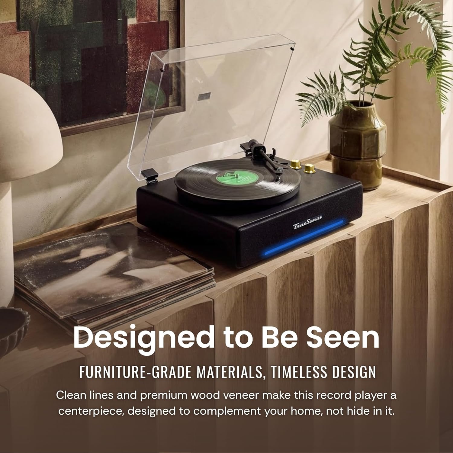 Hi-Fi Record Player with Speakers | Premium Vinyl Turntable with Bluetooth Capability | Built-in 4-Speaker Stereo System for Music Fans  Black Veneer + Gold Trim