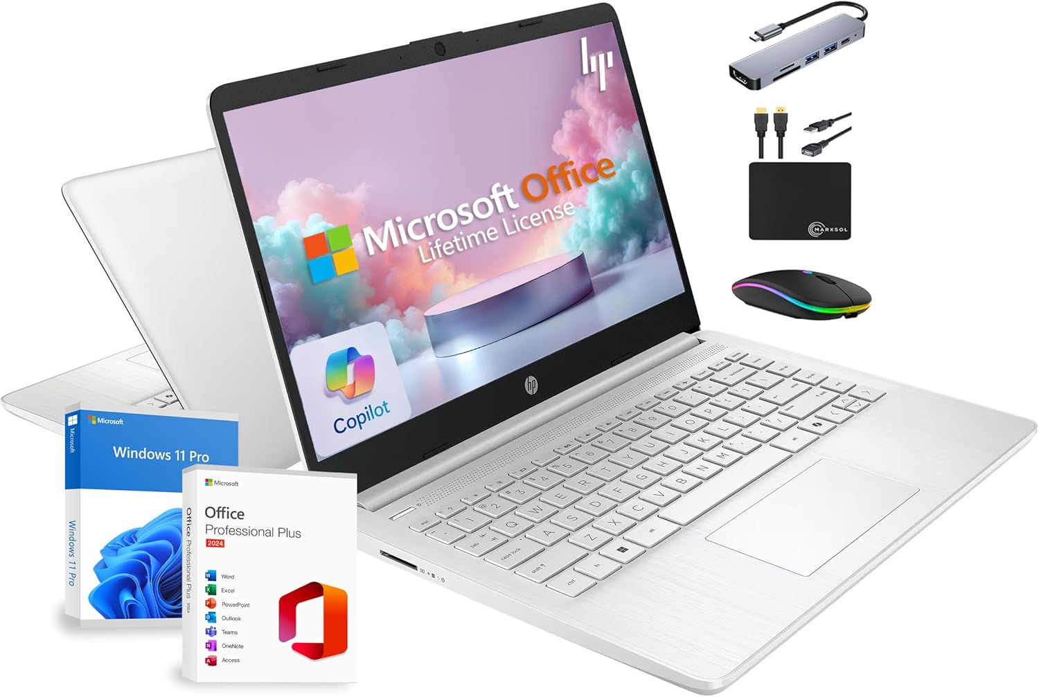 HP 14" Laptop 2025 Business Student Slim Computer  Lifetime MS Office  Copilot AI  Quad-Core Intel CPU  16GB RAM  628GB Storage (128GB UFS+500GB Ext)  MarxsolAccessory  Wi-Fi 6  Win 11 Pro  Silver