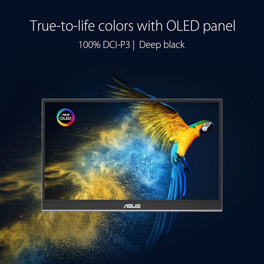 ASUS ZenScreen 16” OLED USB-C portable monitor (MQ16AHE) – Full HD  100% DCI-P3  1ms  HDR-10  Mini HDMI  Eye Care  Proximity Sensor  360° kickstand  Compatible with Laptops  Smartphones  3 yr warranty