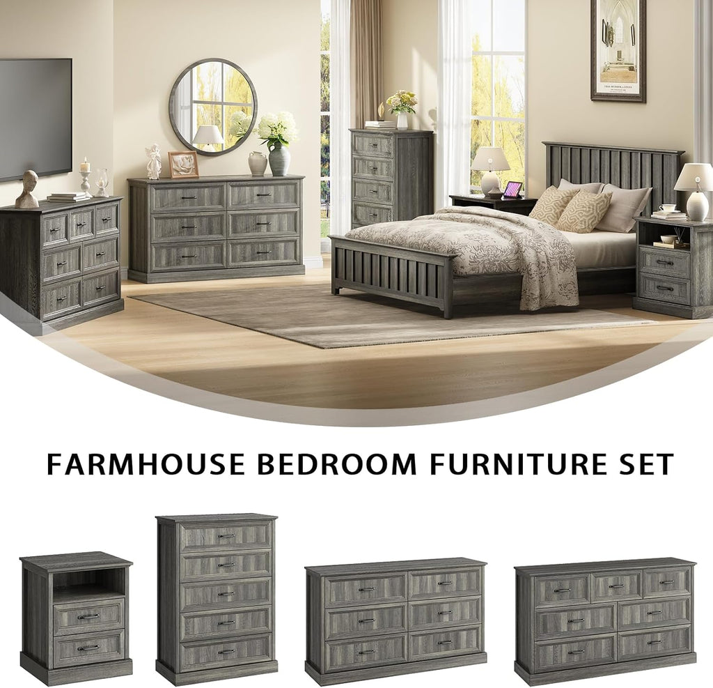 CARPETNAL Farmhouse 7 Drawer Dresser for Bedroom, 55 Inch Wide Modern Grey Dresser TV Stand with Large Drawers & Bar Handles, Rustic Wood Chest of Drawers for Bedroom, Living Room, Hallway, Entryway.