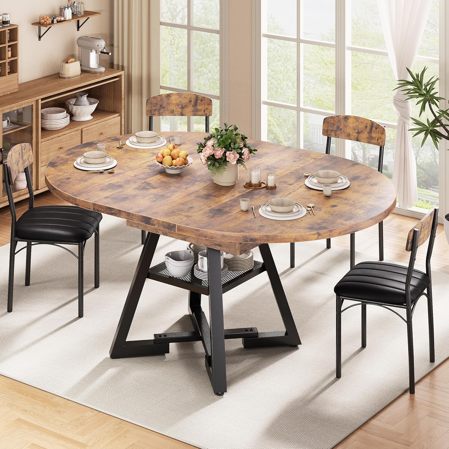 43‘’-57‘’ Extendable Round Dining Table for 4-6, Modern Industrial Kitchen Oval Dining Table with Removable Leaves, Space Saving Pedestal Base with Storage Shelf for Kitchen Living Room (Vintage)
