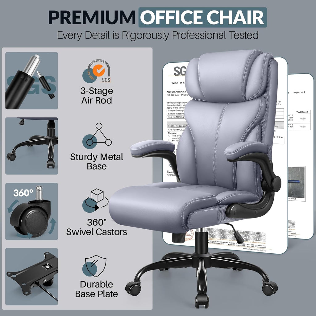 Office Chair, Leather Chair with Adjustable High Back Flip-up Armrests，Ergonomic Desk Chairs Big and Tall, Lumbar Support Swivel Computer Chair with Rocking Function