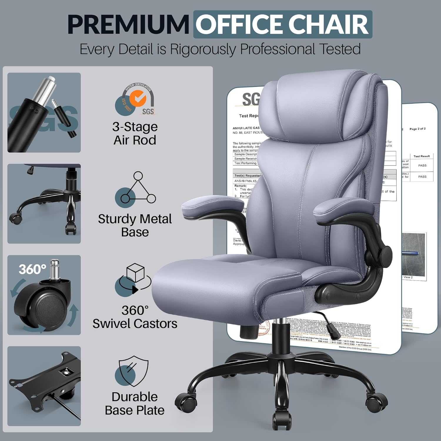 Office Chair, Leather Chair with Adjustable High Back Flip-up Armrests，Ergonomic Desk Chairs Big and Tall, Lumbar Support Swivel Computer Chair with Rocking Function