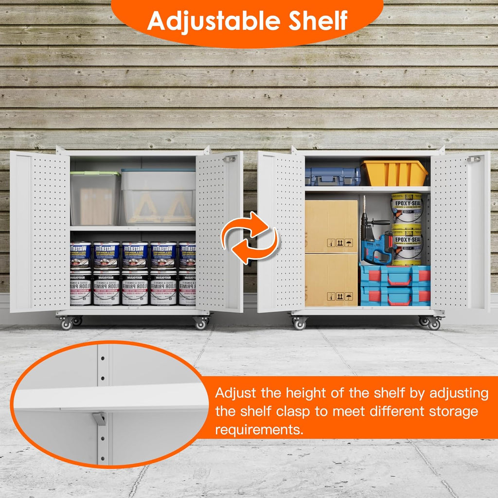 Garage Storage Cabinet with Wheels,Lockable Metal Storage Cabinet on Wheels, Pegboard for Garage Home Warehouse, Assembly Required, White,13.8 "D x 26" W x 31.5" H