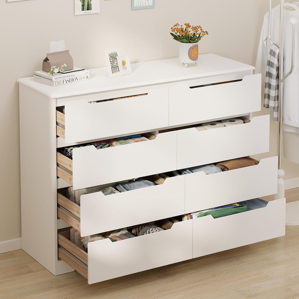 Gizoon 8 Drawer Dresser, 47" Wide White Dresser for Bedroom with Cut-Out Handles, Modern Wooden Chest of Drawers with Anti-Tip Kit, for Living Room, Hallway, Entryway, Home Office