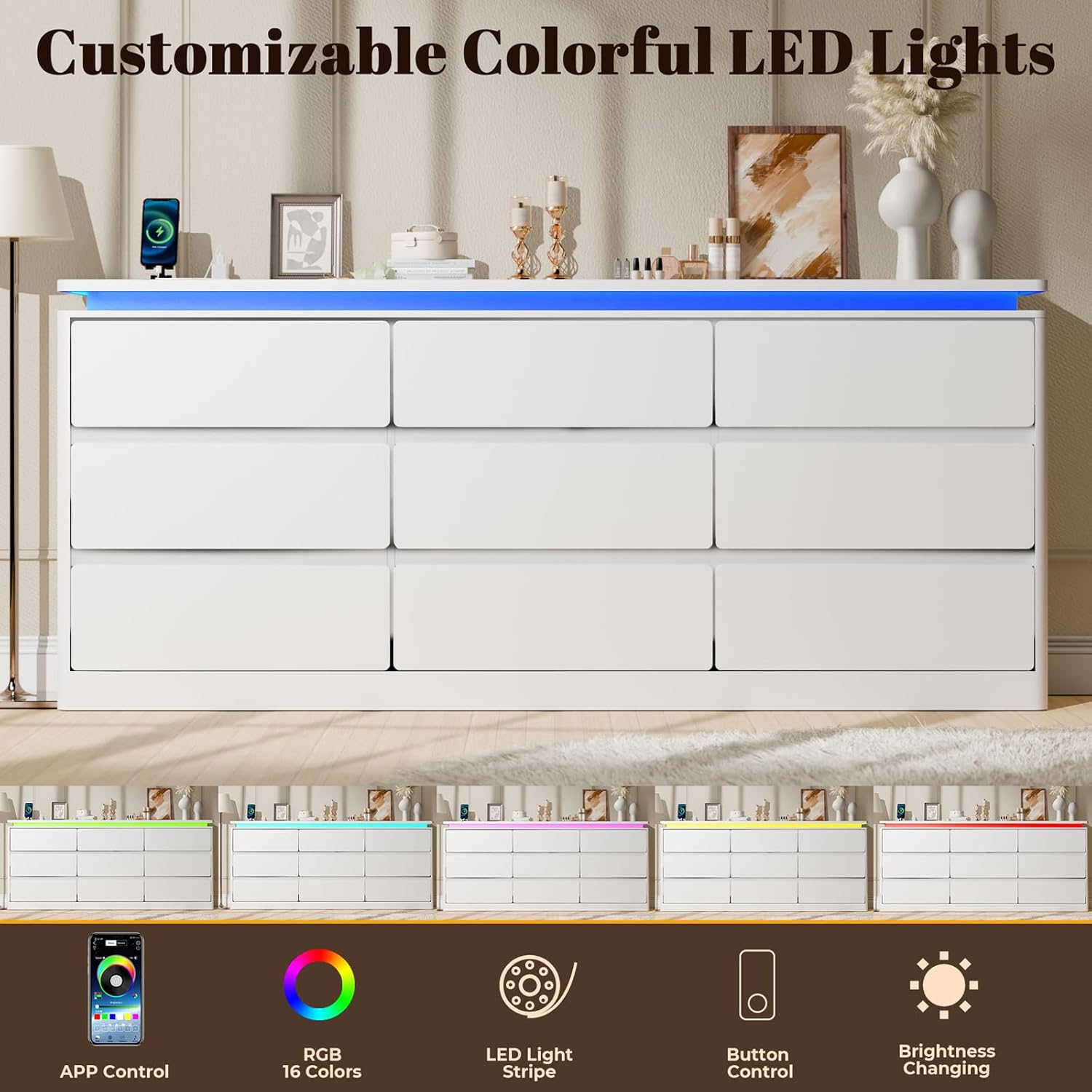 9 Drawer Dresser for Bedroom, 63" Long White Chest of Drawers with Charging Station & LED Lights, Curved Profile Design,Wooden Closet Storage Cabinet,Modern Dresser TV Stand with Deep Drawers