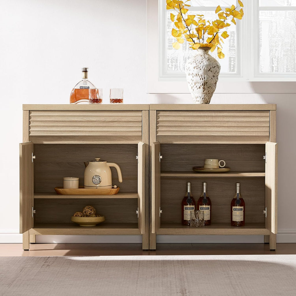 SICOTAS 58" Fluted Buffet Cabinet with Storage, Modern Farmhouse Sideboard with Drawers & 3-Level Adjustable Shelf, Handle-Less Coffee Bar Console Table for Kitchen Living Room Entryway, Light Oak