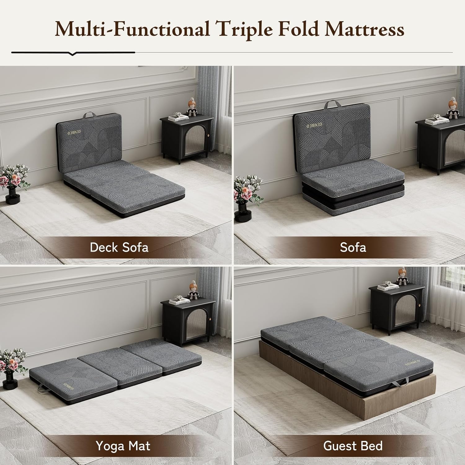 Tri Folding Mattress Single Size - Memory Foam Tri-fold Mattress, Handle & Non-Slip Bottom, Portable Foldable Sofa Bed Floor Mattres Chair for Travel RV Camping Guest Yoga - 4 Inch, 75"x25"x4"