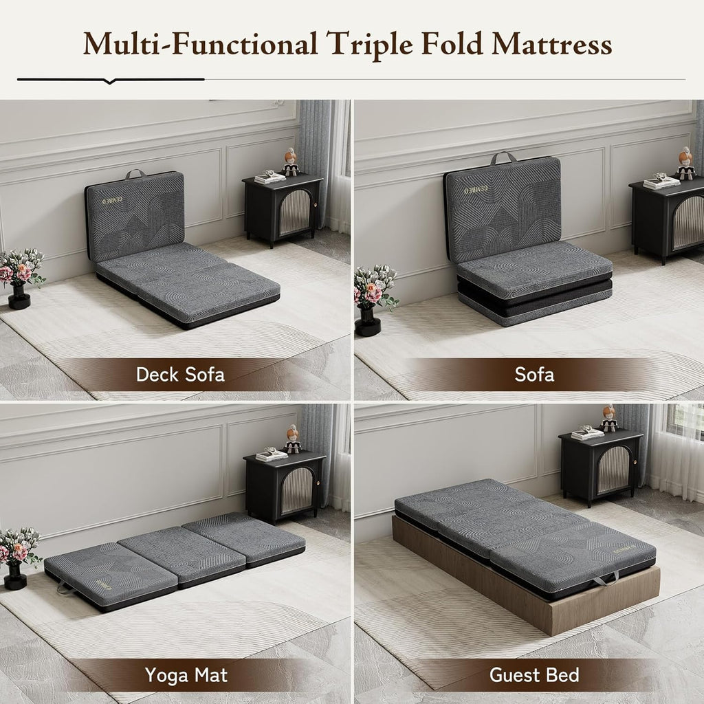 Tri Folding Mattress Single Size - Memory Foam Tri-fold Mattress, Handle & Non-Slip Bottom, Portable Foldable Sofa Bed Floor Mattres Chair for Travel RV Camping Guest Yoga - 4 Inch, 75"x25"x4"