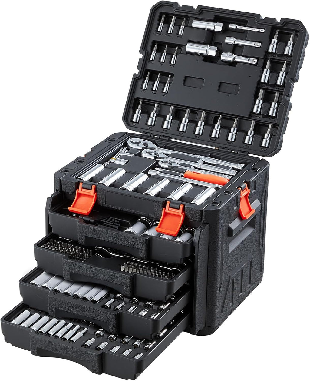 VEVOR Mechanics Tool Set, 297-Piece Mechanic Tool Kit, 1/4 in, 3/8 in, and 1/2 in Drive, SAE and Metric Socket Set, Wrenches, Screwdriver Bits, Accessories, and Storage Case, for Automotive Repair