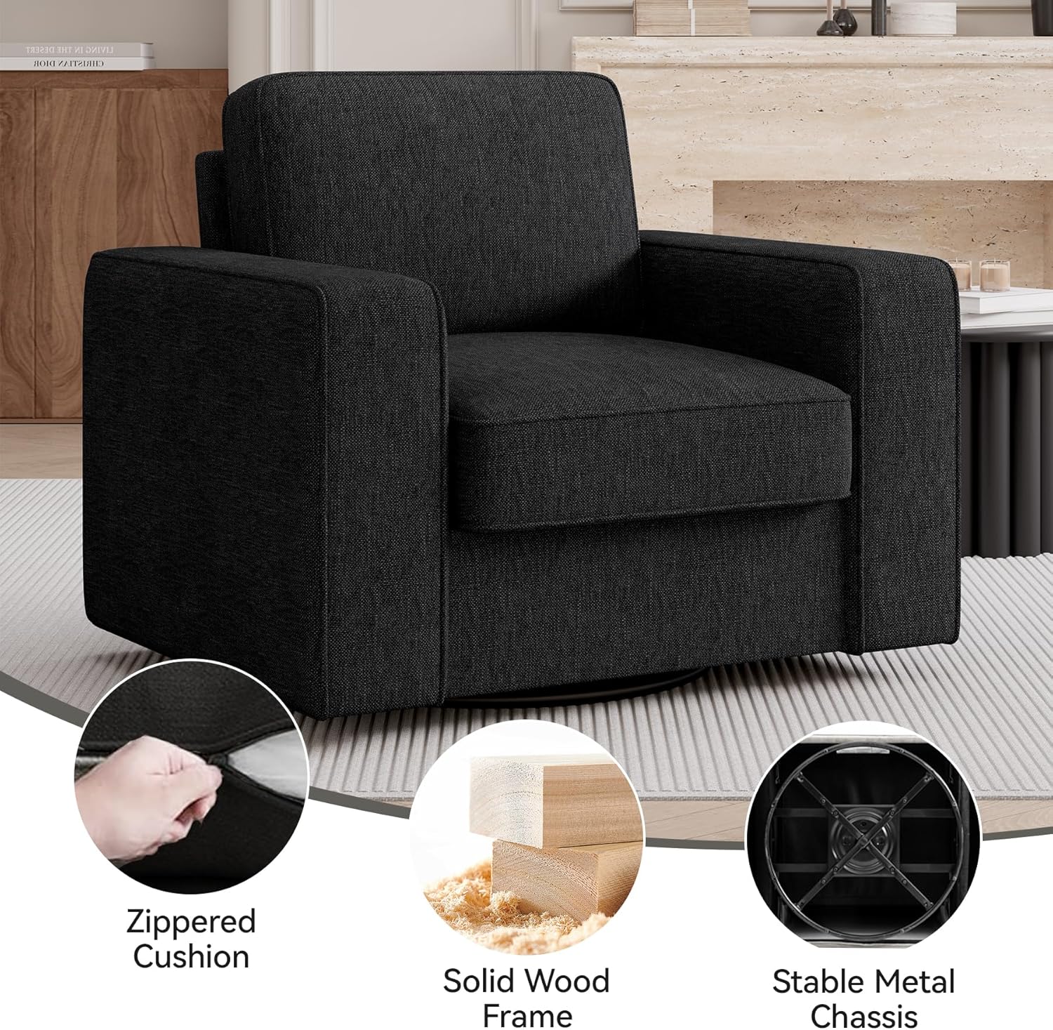 Swivel Accent Sofa Chair Set of 2, 360 Degree Rotation 36'' Width Oversized Wingback Armchair Linen Fabric Single Thick Cushion Soft Living Room, Office Black