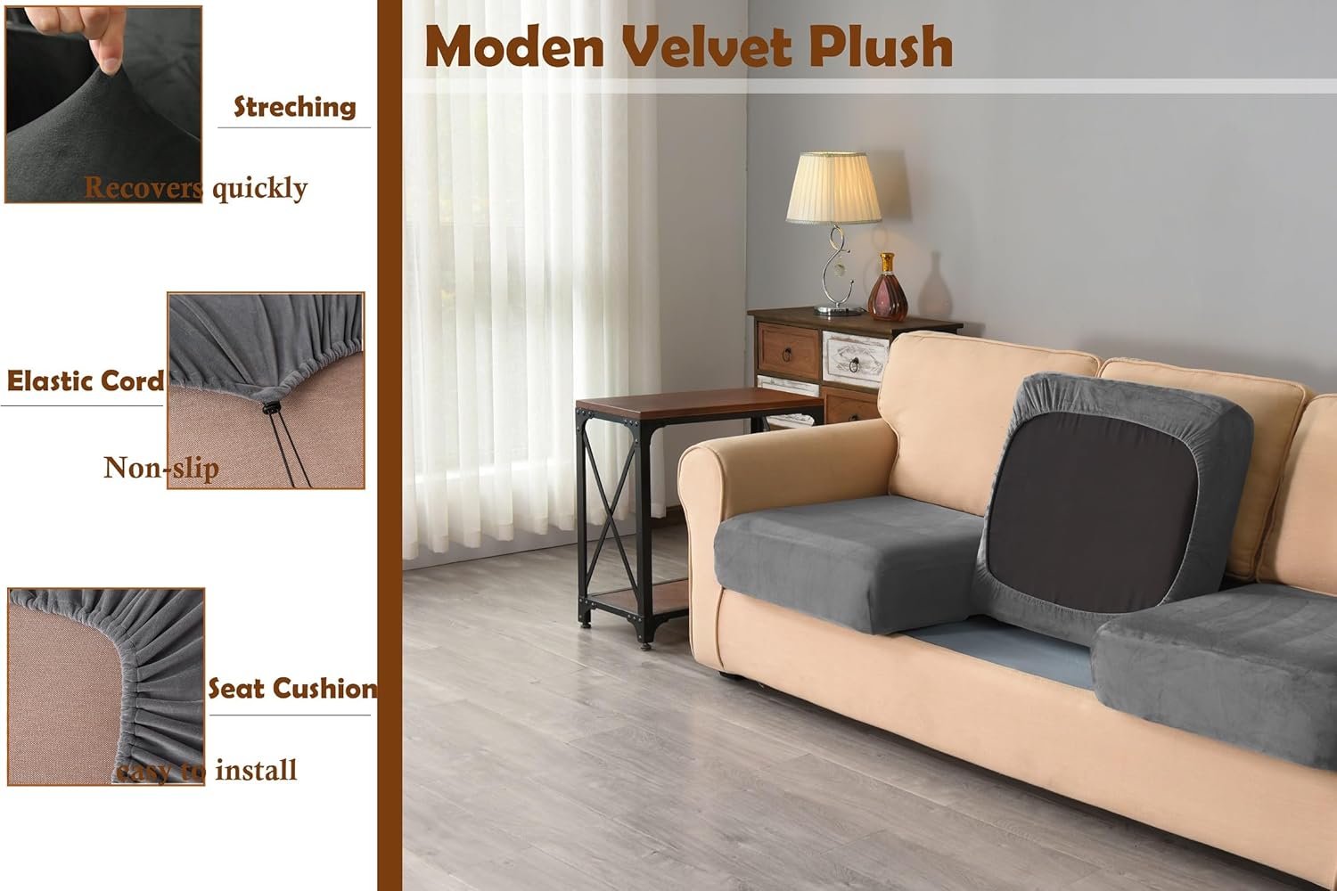 7 Pieces Velvet High Stretch Sofa Covers for 3 Cushion Couch Sofa Slipcovers, Washable Furniture Protector with Drawstring Anti-Slip Bottom, Soft and Plush Fabric for Kids and Pet (Dark Gray)