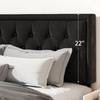 King Size Platform Bed Frame with Upholstered Velvet Button Tufted Headboard, Mattress Foundation with Wooden Slat Support, No Box Spring Needed, Easy Assembly, Noise Free, Black.