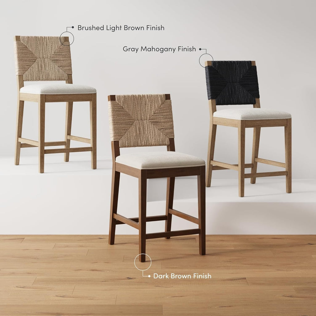Nathan James Beacon Bohemian Boucle Bar Stool, Upholstered Counter Height Chair with Solid Wood Frame and Woven Seagrass Back for Kitchen Island, Light Brown/Seagrass/Cream Boucle, Set of 2
