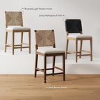 Nathan James Beacon Bohemian Boucle Bar Stool, Upholstered Counter Height Chair with Solid Wood Frame and Woven Seagrass Back for Kitchen Island, Light Brown/Seagrass/Cream Boucle, Set of 2