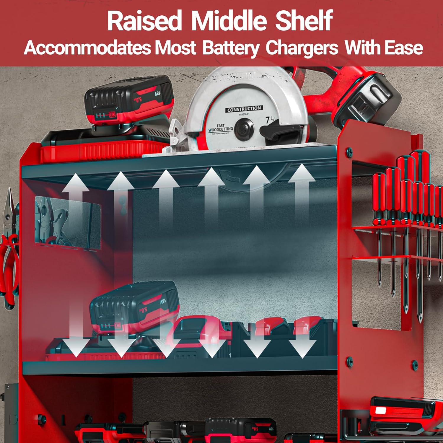 YYR Power Tool Organizer Wall Mount with Charging Station, Cordless Tools Hanger and Battery Storage Rack for Garage Organization, Heavy Duty Drill Holder Shelf Build in Metal Power Strip - Red