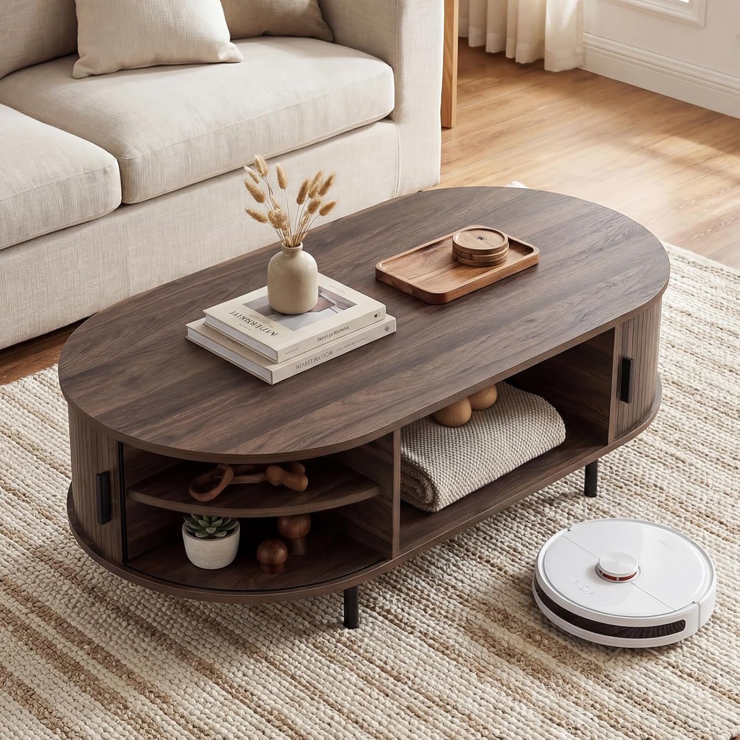 Giantex Oval Coffee Table, 47.5" Mid Century Modern Center Table with Sliding Tambour Doors, Hidden Storage & Open Compartment, Fluted Wood Living Room Tables for Small Space (Walnut)