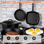 6 Piece Pre-Seasoned Cast Iron Cookware Set – Incl. 5QT Dutch Oven with Lid, 8'' and 10.25'' Cast Iron Skillets, 10.5'' Round Griddle, and a Square Grill Pan for Kitchen, Stovetop, & Camping