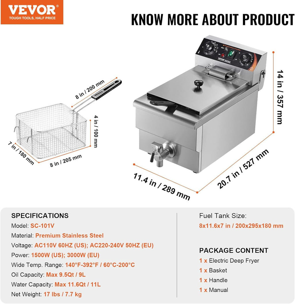 VEVOR Commercial Deep Fryer, 1500W Electric Countertop Fryer with Basket, 11.6Qt / 11L Stainless Steel Single Oil Fryer with Time & Temp Control, Overheat Protection, for Kitchen Restaurant Use