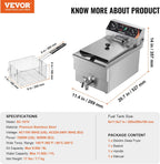 VEVOR Commercial Deep Fryer, 1500W Electric Countertop Fryer with Basket, 11.6Qt / 11L Stainless Steel Single Oil Fryer with Time & Temp Control, Overheat Protection, for Kitchen Restaurant Use