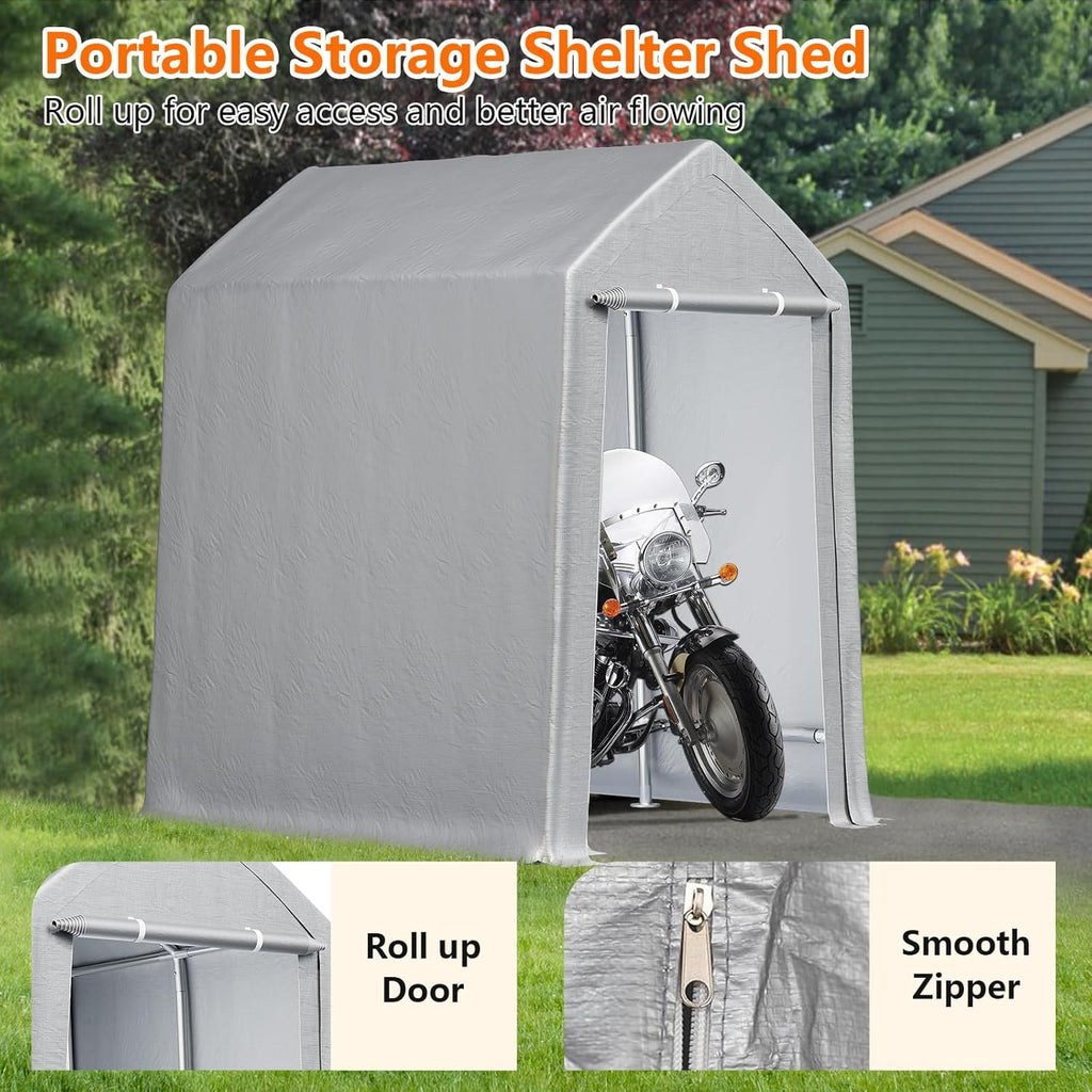 GarveeLife Carport Canopy, 6x9 ft Heavy Duty Carport Waterproof, Portable Garage With Removable Sidewalls & Doors Car Canopy With All-Season Tarp for Motorcycle, Bike, Garden Tools, Grey
