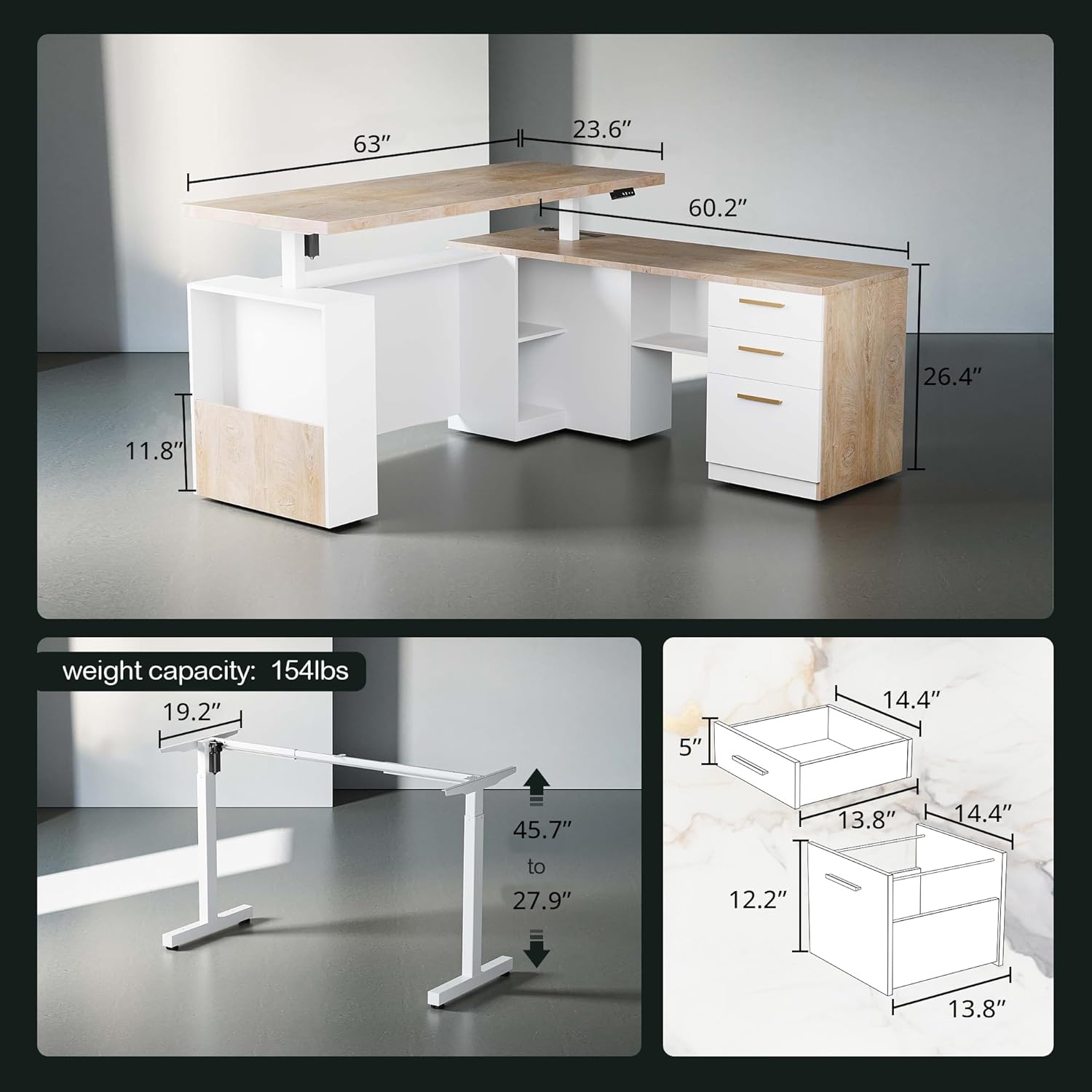 63" Standing Desk with File Cabinet, Privacy Panel, AC/USB, 1.18" Desktop, Executive L Shaped Height Adjustable Electric Stand Up Desk, Home Office Table with 3 Drawers, Light Walnut
