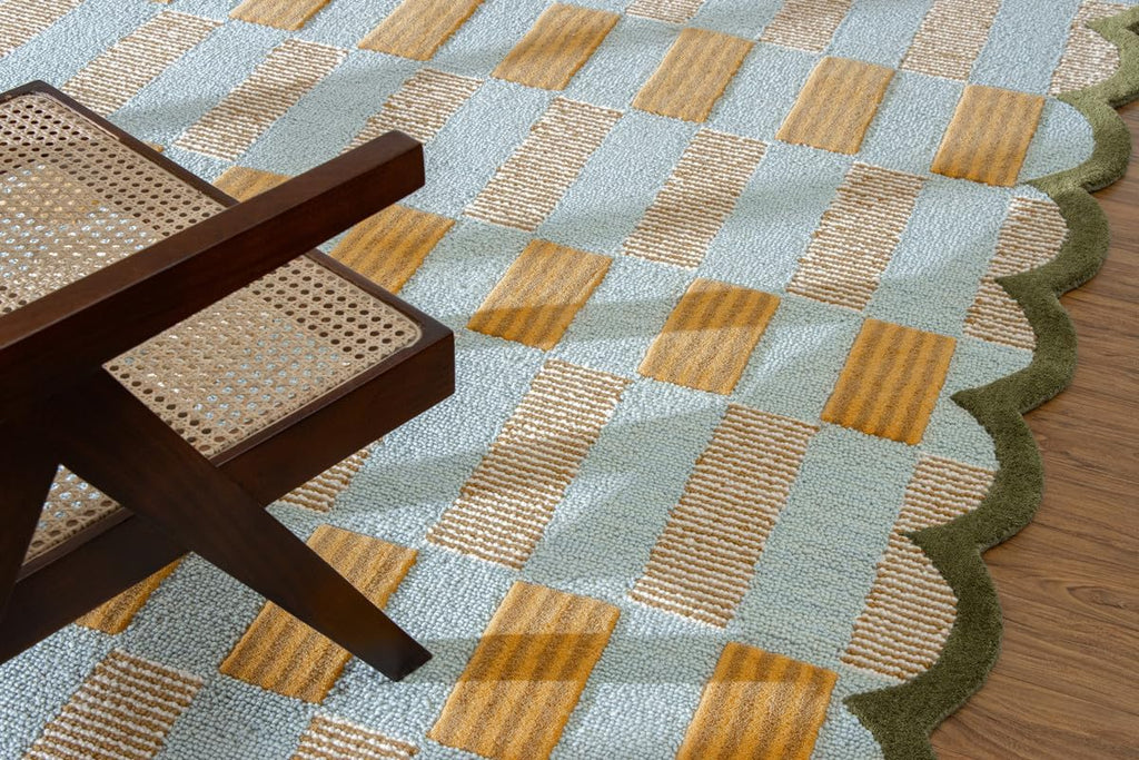 Checkered Hand-Tufted 100% Wool Area Rug - 5x8 Ft, Rectangular Light Blue Base with Mustard and Beige Blocks, Olive Green Scalloped Edge, Cotton Backing Plush Carpet for Bedroom & Nursery