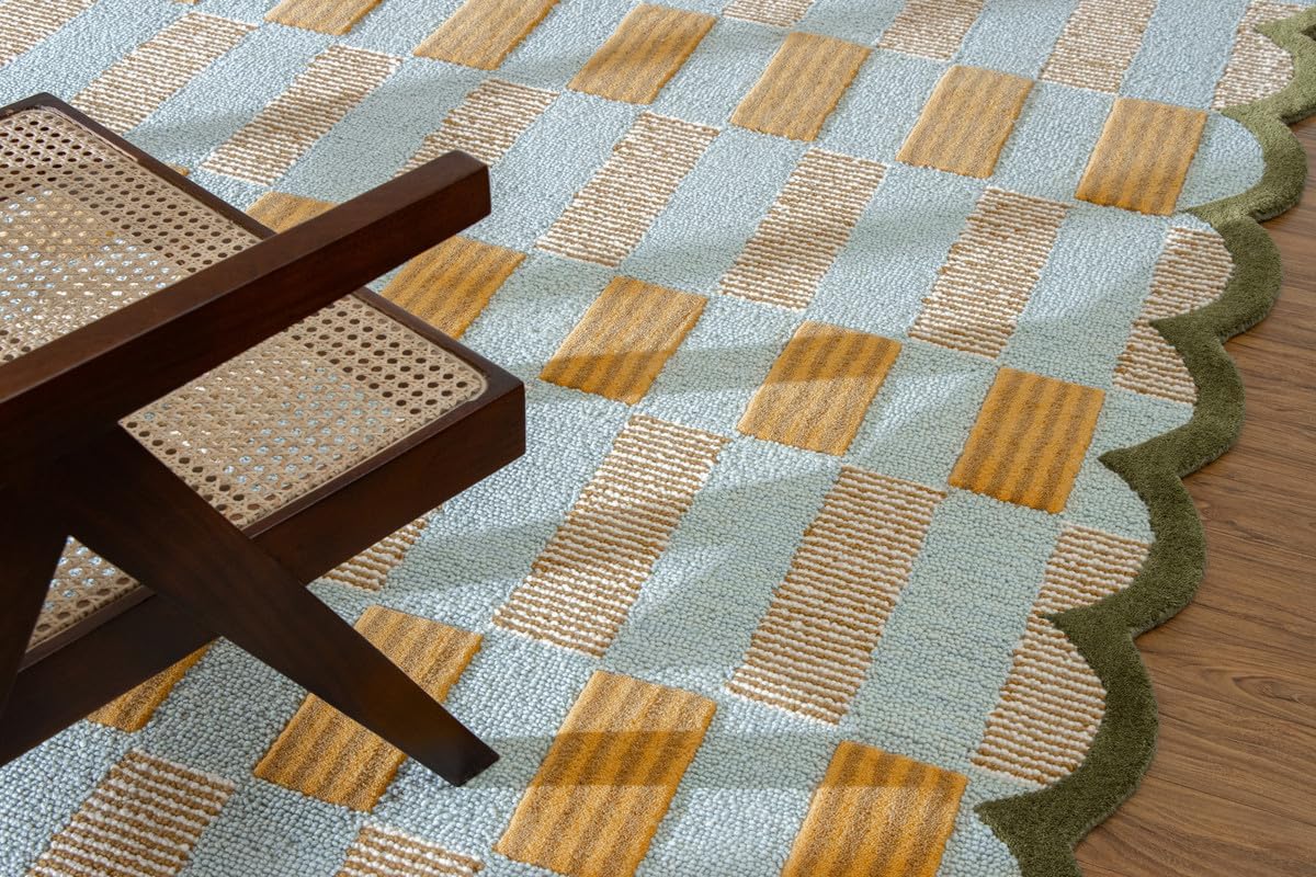 Checkered Hand-Tufted 100% Wool Area Rug - 5x8 Ft, Rectangular Light Blue Base with Mustard and Beige Blocks, Olive Green Scalloped Edge, Cotton Backing Plush Carpet for Bedroom & Nursery