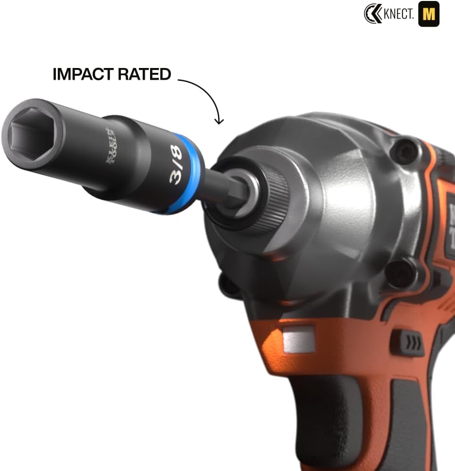 Klein Tools 65121IMPCT KNECT Deep-Well 3/8-Inch Drive Impact Socket Set, SAE and Metric, 23-Piece Tool Set, Impact Driver Adapter, Multi-Purpose Wrench Adapter, Color-Coded, MODbox Socket Organizer